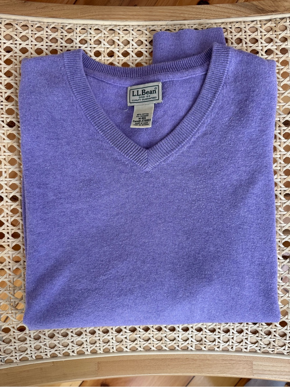 L.L.Bean Cotton Cashmere V-Neck Sweater | Lavender | M